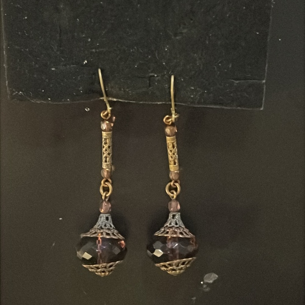 Antique Art Nouveau Bronze Filagree Purple Czech Glass Beaded Drop Earrings - Picture 10 of 15